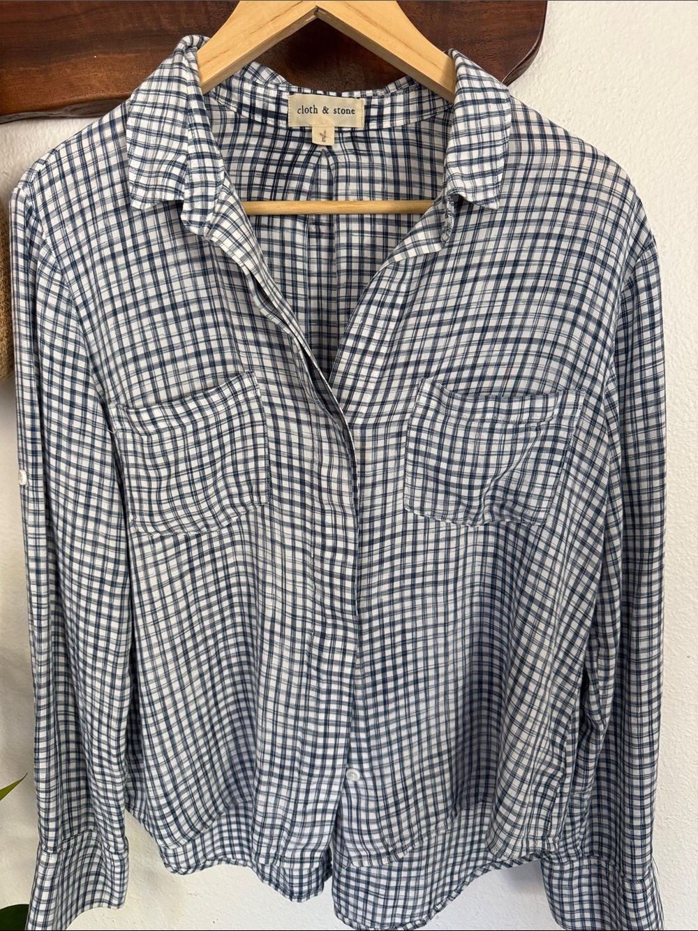 cloth & stone Navy and White Gingham Relaxed Button-Down Shirt L Boyfriend
